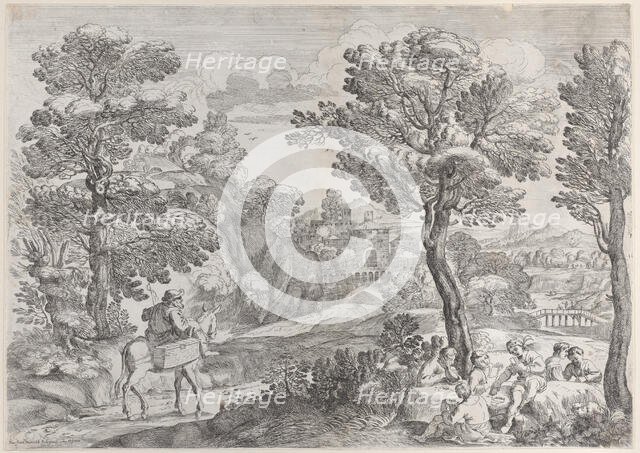 A group of people playing cards at right and a man on horseback at left, 1626-80. Creator: Giovanni Francesco Grimaldi.