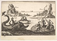 Plate 15: Rivers and goddesses, with floating islands guided by pole bearers, female figur..., 1664. Creator: Unknown.