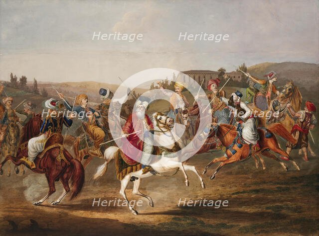 Ottoman Horsemen at the Game of Jereed, 1835. Creator: Hoelzel; Tomas (1788-1840).