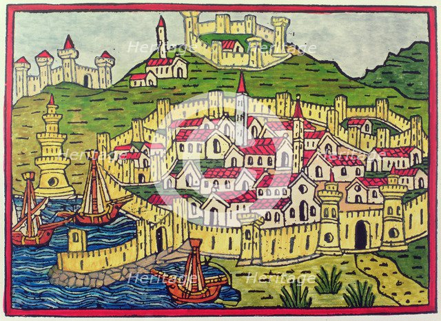 Port and city of Naples in 1482, engraving in the book 'Cosmographia Universalis'.
