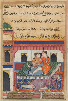 Page from Tales of a Parrot (Tuti-nama): Fortieth night: Shahr-Arai and her lover..., c. 1560. Creator: Unknown.