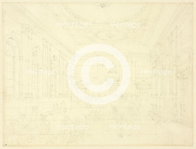 Study for South Sea House, Dividend Hall, from Microcosm of London, c. 1810. Creator: Augustus Charles Pugin.