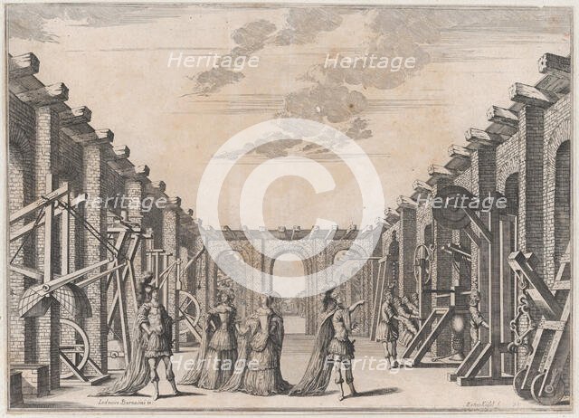 Two men in classical armor and two women looking at the mechanical devices on either side ..., 1674. Creator: Mathäus Küsel.