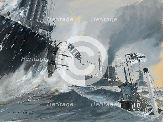Submarines and warships: the journeys of HMS Aboukir, Hogue and Cressy, 1914. Creator: Heusser, Heinrich (Harry) (1886-1943).