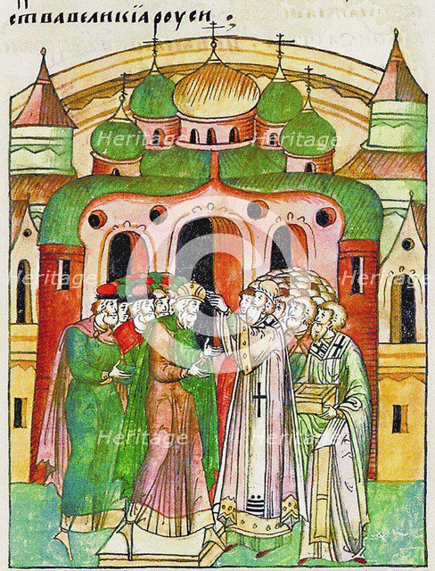Vladimir Vsevolodovich crowned by Bishop Neophytos with Monomakh's Cap. (From the Illuminated Compil Artist: Anonymous  