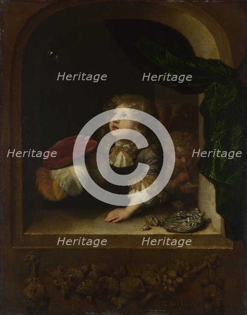 Two Boys blowing Bubbles, c. 1670. Artist: Netscher, Caspar (1639-1684)