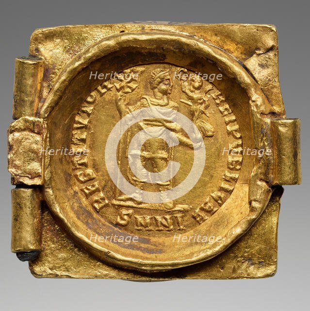 Link from a Coin Belt: Emperor with vexillum and crowning Victory, 379-395. Creator: Numismatic, Ancient Coins  .