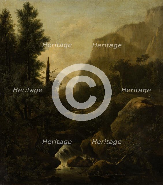 Mountain Landscape with Deer Hunt at a Waterfall, c1668-1669. Creator: Frederik de Moucheron.