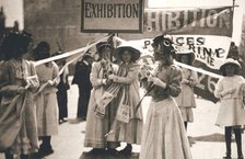 Young suffragettes promote the fortnight-long Women's Exhibition, London, 13 May 1909. Artist: Unknown