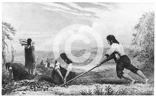 Natives of Chiloe, Patagonia, using a breast plough, 1839. Artist: Unknown