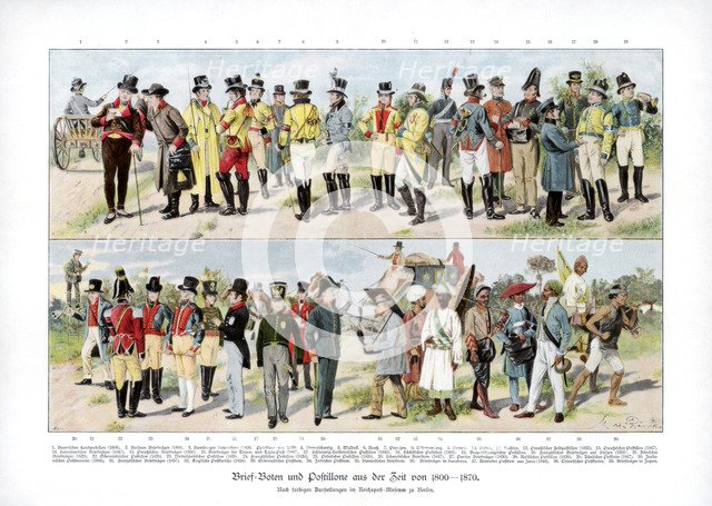 Types of postmen from 1800-1870, (1900). Artist: Unknown