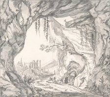 Mountainous Landscape with Ruins of a Castle and Three Men in a Cave..., late 18th-early 19th cent. Creator: Johann Huber.