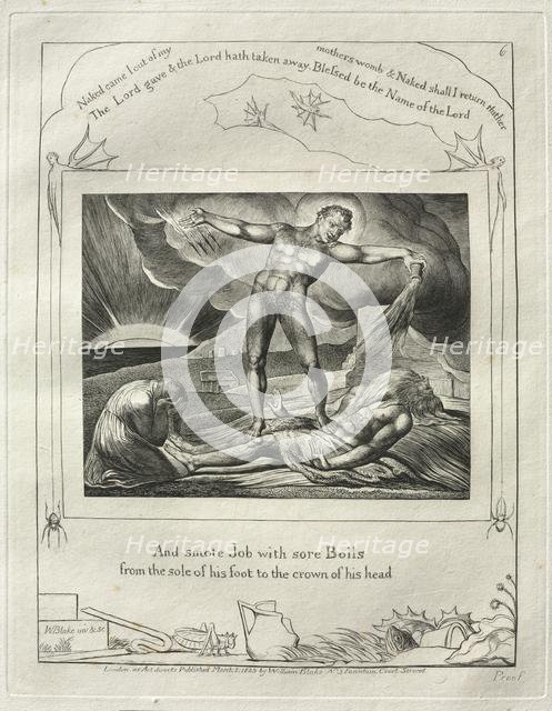 The Book of Job: Pl. 6, And smote Job with sore Boils / from the sole of his foot..., 1825. Creator: William Blake (British, 1757-1827).