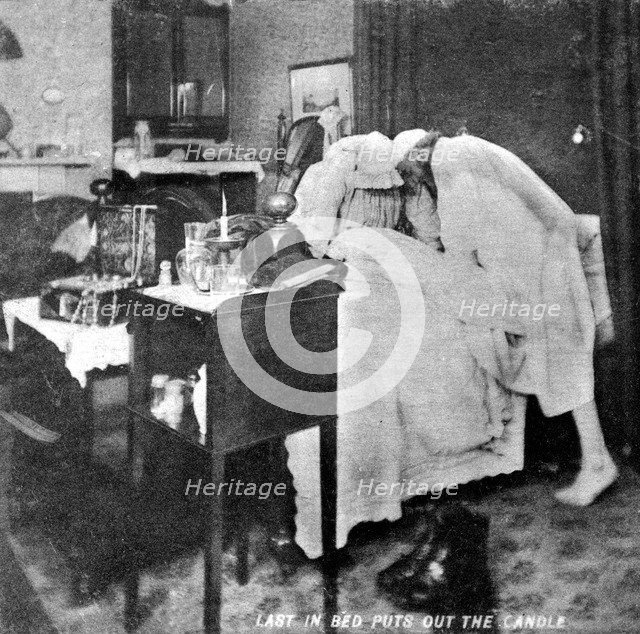 'Last in bed puts out the candle', late 19th century. Artist: Unknown