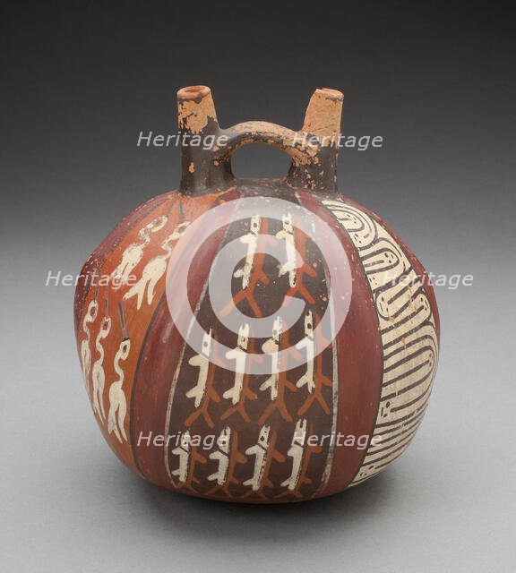 Double Spout Vessel with Vertical Bands Depicting Fish, Birds, and Geometric Motifs, 180 B.C./A.D. 5 Creator: Unknown.