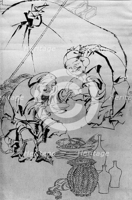 Ebisu and Daikoku Celebrating the New Year Festival, 18th-19th century. Creator: Attributed to Katsushika Hokusai (Japanese, Tokyo (Edo) 1760-1849 Tokyo (Edo)).
