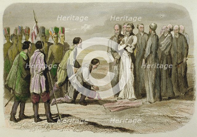 The Franciscan missionary Fray Martin de Valencia is received at the entrance of the city of Mexi…