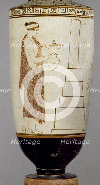 Attic white-ground lekythos showing a woman and youth at a tomb, 5th century BC. Artist: Achilles Painter.