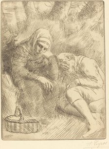 Man and Wife Seated by the Road with a Basket (Homme et femme assis au bord... Creator: Alphonse Legros.