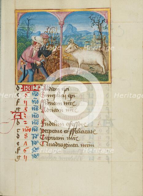 March Calendar Page: Pruning Trees: Aries; Book of Hours, early 16th century. Creator: Unknown.