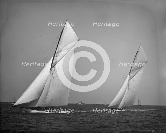 America's Cup Races, 10-3-01, Columbia and Shamrock II before the start, 1901 Oct 3. Creator: Unknown.