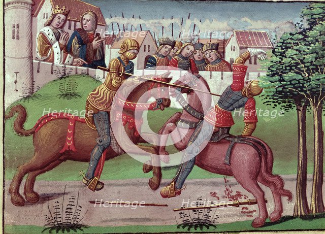 Gentlemen's Tournament of the Carolingian period, miniature in the incunable 'Ogier le Danois', p…