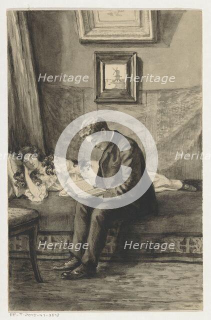 Young man reading to a girl, 1905 or earlier.  Creator: Anna Maria Kruijff.