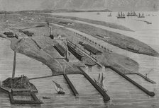 Panoramic view of the Carenas Dike of Messrs. A. López y Cía. at Matagorda Beach, Cadiz, Spain,1878. Creators: Rafael Monleon, Bernardo Rico.