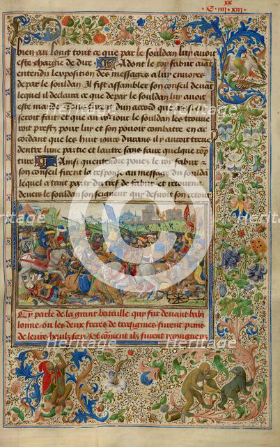 Gillion Defeating King Fabur during the Siege of Cairo; Roman de Gillion de Trazegnies, 1464. Creators: Lieven van Lathem, David Aubert.
