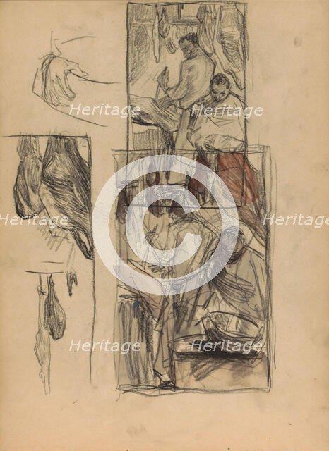 Figures in a butcher shop, 1887. Creator: Marius Bauer.