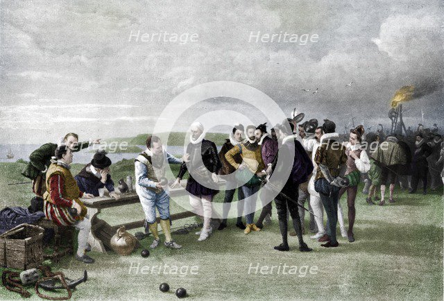 'The Armada in sight, Plymouth hoe',  1880, (1911). Artist: John Seymour Lucas.