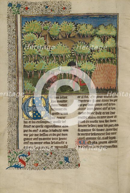 Hunters Examining a Deer's Hoofprints; Livre de la Chasse, about 1430-1440. Creator: Unknown.