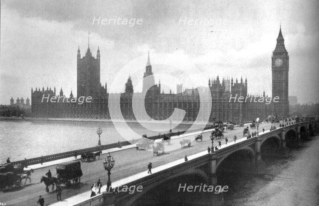 'Houses of Parliament and Westminster Bridge', 1919. Artist: Garratt & Atkinson.
