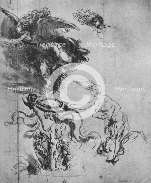 'An Angel Placing a Shield on a Trophy and Separate Studies of the Angel', c1480 (1945). Artist: Leonardo da Vinci.