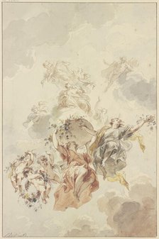 Genii and cupids grouped around a basket of flowers ascending towards heaven, 1725. Creator: Jacob de Wit.