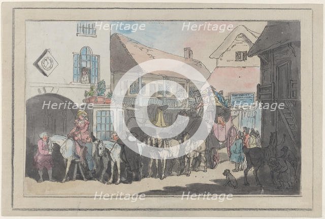 Stage Coach and Riders in the Yard of an Inn, Preparing to Depart, 1789-95., 1789-95. Creator: Thomas Rowlandson.