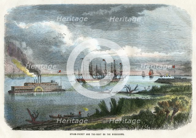 'Steam-packet and tug-boat on the Mississippi', USA, c1875. Artist: Unknown
