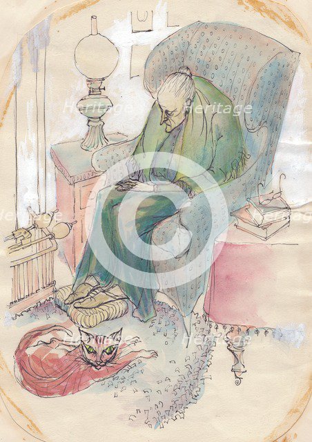 Old woman and cat, 1951. Creator: Shirley Markham.