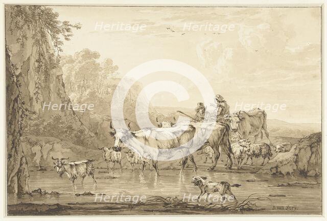 Shepherd and Shepherdess with cattle and sheep at a pool, 1766-1815. Creator: Jacob van Strij.