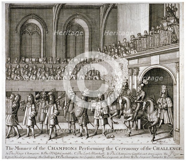 The Champions performing the ceremony of the Challenge, Westminster Hall, London, 1821.              Artist: Anon