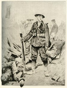 'His Hour of Triumph, Fine Study of a Soldier in a Conquered Enemy Trench', 1917. Creator: Unknown.