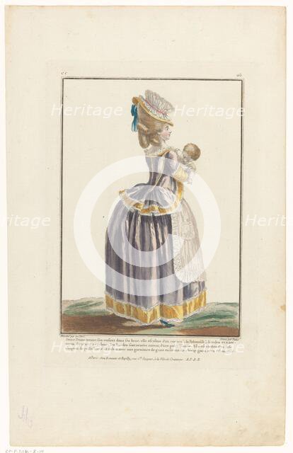 Gallery of French Fashions and Costumes, 1779, cc 160: Young lady holding her (...), 1782. Creator: Jean-Baptiste Patas.