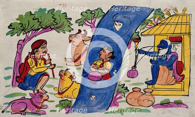 Krishna playing his flute to the cows and Radha who is immersed in the river... Creator: Unknown.