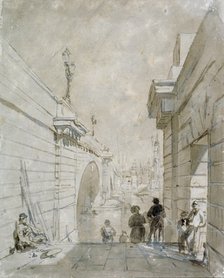 London Bridge looking north from the upper landing of steps near Tooley Street, 1833. Artist: Edward William Cooke