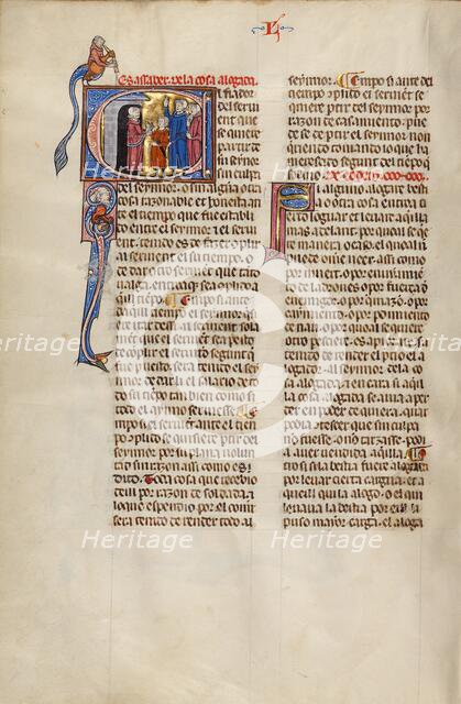 Initial E: Three Men and a Boy Meeting Another Man in his Doorway; Vidal Mayor, about 1290-1310. Creator: Unknown.