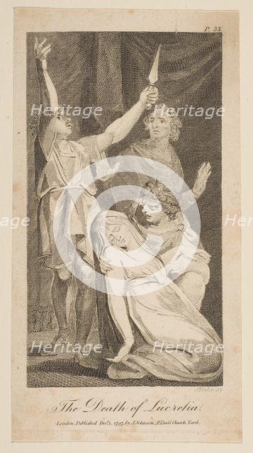 The Death of Lucretia, from Allen's New and Impartial Roman History, 1797. Creator: William Blake.