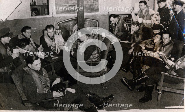 Typhoon pilots in their disperal hut, 12th April 1943. Artist: Unknown
