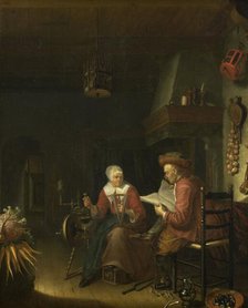 Interior with a man reading and a woman spinning yarn, 1660-1676. Creator: Domenicus van Tol.