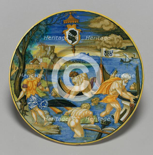 Plate with the sinking of the fleet of Seleucus (from the Pucci Service), 1532. Creator:  Francesco Xanto Avelli.
