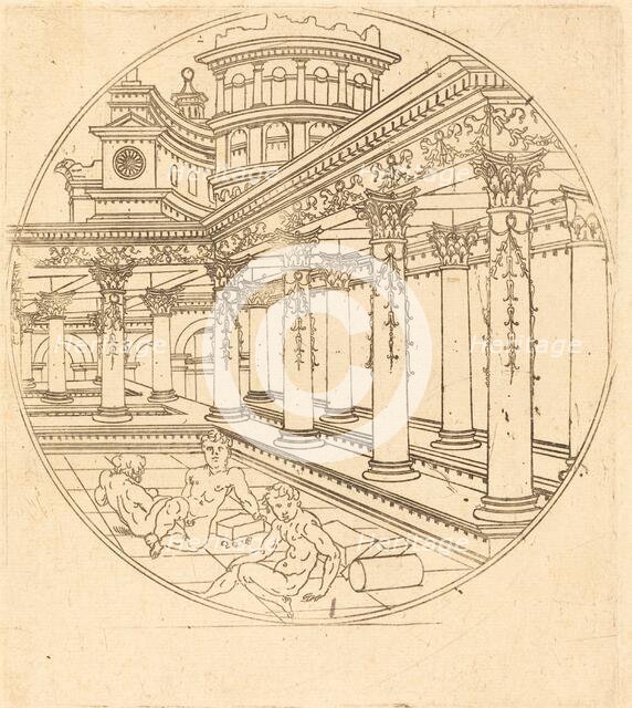 Three Figures in a Gallery. Creator: Jean de Gourmont I.